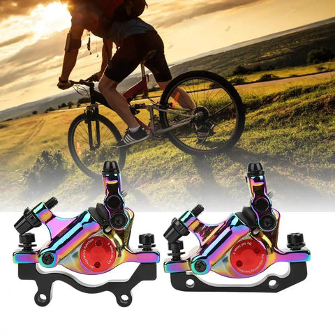 Heavy Duty Hydraulic Disc Brake Set For Mountain And Road Bikes Sturdy Aluminum Alloy Calipers shown with mountain biker outdoors.