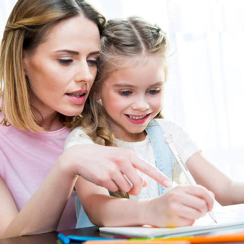 Mother and daughter using Cute Cat Gel Pens Set With Retractable Tip Fine Point 0.5mm Black Ink 12 Pack for writing at home
