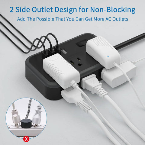 25 Foot Flat Plug Extension Cord With 6 Widely Spaced Outlets And 4 USB Ports Including 2 USB C Ports For Home Office Dorm Nightstand Wall Mount Power Strip Black with side outlet design for non-blocking connections in a home setup.