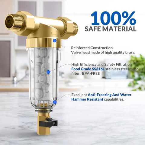 Whole House Spin Down Sediment Filter, No Hassle Reusable Pre Filter With Siliphos To Stop Scale And Corrosion, Easy Install, 1 Inch MNPT, Three Quarter Inch FNPT, Three Quarter Inch MNPT, BPA Free, on kitchen counter