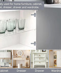 Twenty Piece Grey Plastic Soft Close Drawer Dampers For Kitchen Cabinets Wardrobes And Dressers Smooth As Butter Slide Easy Peasy Drawer Stopper Buffer Hardware For Home Organization Projects with glass jars in cabinet.