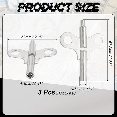 Double Ended Clock Key Set, 3 Pcs Winding Keys for Mechanical Clocks, 2.2mm and 4.4mm Square Holes, 67.3mm Long, Steel Silver Tone