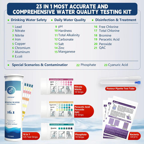 23 In 1 Water Testing Kit With 158 Strips For Your Home And Well Water, showing parameter list and test components