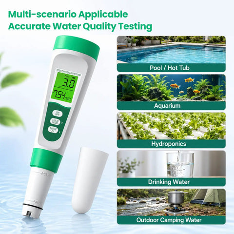 5 In 1 Digital Salt Tester And PH Meter For Saltwater Pools Killer Precision Salinity And Temp Monitoring With Swift Titanium Probe showing various water quality tests for pools, aquariums, and more.