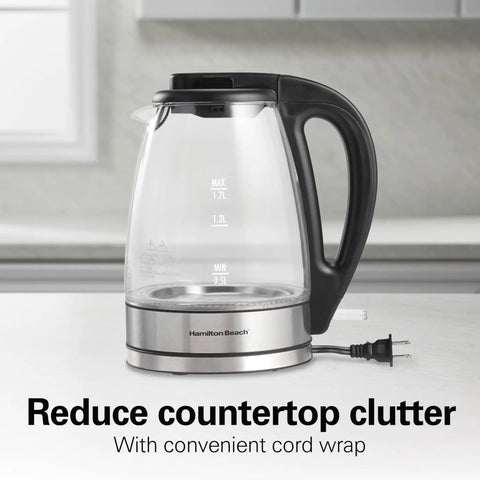 1.7L Electric Kettle With Fast Boil 1500W, Water Boiler And Heater, LED Indicator, Built In Mesh Filter, Auto Shutoff and Boil Dry Protection, Cordless Serving, Clear Glass Design on kitchen counter