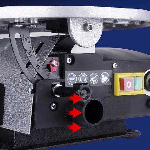 Heavy Duty Desktop Curve Saw Cuts Wood And Steel Without Breaking A Sweat Corded Electric Jig Tool With Dust Free Shield showing angle adjustment features.