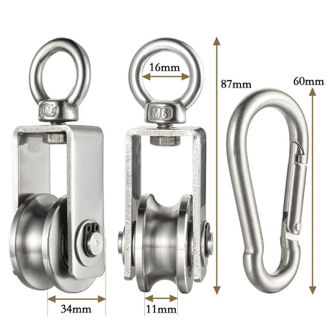 Dual Bearing Cable Pulley Wheel With Clip For Rope System 360 Degree Swivel Small Wire Pulley Smooth Quiet Operation For Home Gym Lifting Winch Diy Set 2 Pack, stainless steel, 34mm wheel, 87mm clip