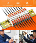Must Have DIN Rail Terminal Blocks Kit With 20 Universal Compact Connectors 2 Connection Bars 2 Marker Strips 2 End Blocks 20 Screws And Transparent Storage Box For 28 12 AWG Wiring Do It Yourself Pro Grade Electrical Setup showing compact connectors in use on rail.