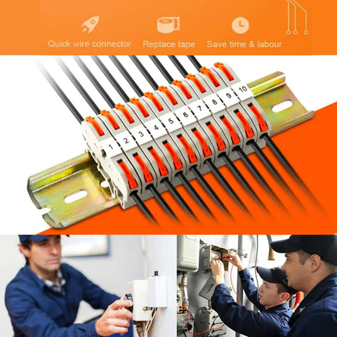 Must Have DIN Rail Terminal Blocks Kit With 20 Universal Compact Connectors 2 Connection Bars 2 Marker Strips 2 End Blocks 20 Screws And Transparent Storage Box For 28 12 AWG Wiring Do It Yourself Pro Grade Electrical Setup showing compact connectors in use on rail.