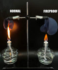Fire resistance test showing two fabrics, one labeled 'Normal' burning and one labeled 'Fireproof' not burning, on lab burners.