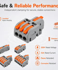 32 Piece Assorted Lever Wire Connectors Quick Push Connect Kit For Hella Easy Do It Yourself Electrical Wiring And Car Garage Grinds With Solid Industrial Grade Construction - orange and gray wire connectors with insulated nylon housing.