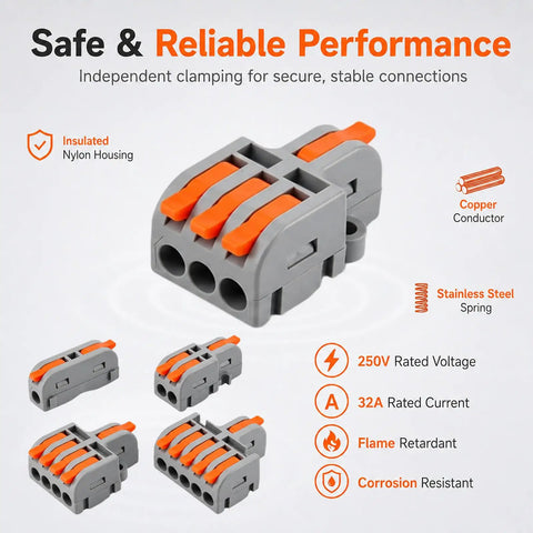32 Piece Assorted Lever Wire Connectors Quick Push Connect Kit For Hella Easy Do It Yourself Electrical Wiring And Car Garage Grinds With Solid Industrial Grade Construction - orange and gray wire connectors with insulated nylon housing.
