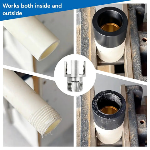 1 2 3 4 Inch Pipe Threading Tool Set Quick Cut Die For Pvc Steel Copper Internal External Threading Heavy Duty Reamer Kit close-up of threading on PVC pipe.