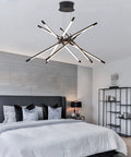Black Modern LED Sputnik Chandelier With 12 Lights Pendant, 4000K Dimmable Ceiling Fixture In Aluminum And Acrylic in bedroom