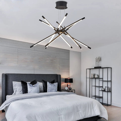 Black Modern LED Sputnik Chandelier With 12 Lights Pendant, 4000K Dimmable Ceiling Fixture In Aluminum And Acrylic in bedroom