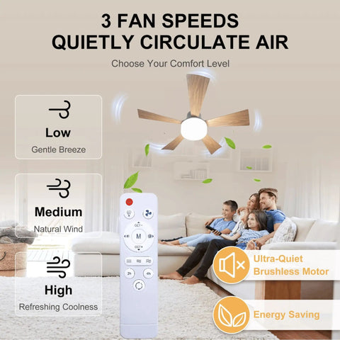 Small Ceiling Fan With Light And Remote 20.5 Inch 2 In 1 Fixture in living room, showing remote control and fan speed options