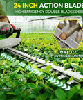 Ultra Light 20V Cordless Hedge Trimmer With 24 Inch Blade shown cutting shrub with 1/2 inch cutting capacity