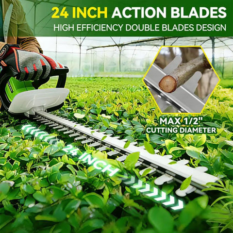 Ultra Light 20V Cordless Hedge Trimmer With 24 Inch Blade shown cutting shrub with 1/2 inch cutting capacity