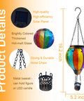 Colorful Hot Air Balloon Solar Lantern With Flickering Flame Light Glass Hanging Outdoor Lanterns, 19.2H x 5.2W