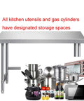 Badass Heavy Duty Stainless Steel Work Table With Open Storage Rack And Adjustable Legs Hella Durable Commercial Prep Counter with kitchen utensils.
