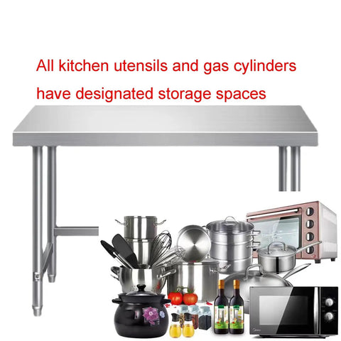 Badass Heavy Duty Stainless Steel Work Table With Open Storage Rack And Adjustable Legs Hella Durable Commercial Prep Counter with kitchen utensils.