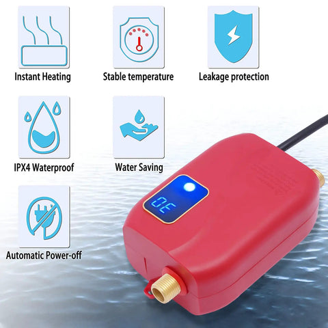 3000W Electric Mini Tank Water Heater Under Sink Real Quick Hot Water Solution For RV Camper Kitchen Easy Wall Or Floor Mount Setup Digital Temp Control 68 To 122F Sweet Spot For Point Of Use Needs showing controls and indicator.