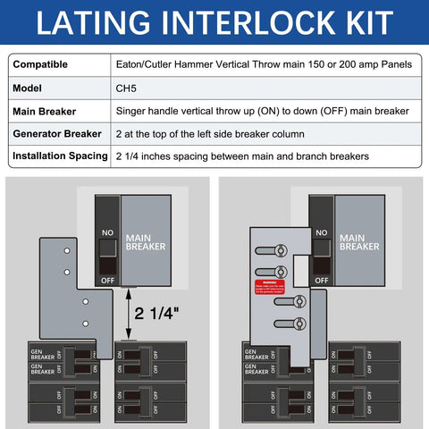 Diagram showing installation of Generator Interlock Kit for Eaton Cutler Hammer BR Series Panels 150 to 200 Amp with spacing details.