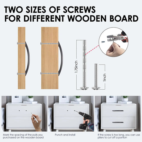 Installation guide for 30 Pack Matte Black Cabinet Handles 5 Inch 128mm Screw Spacing Arch Drawer Pulls with two screw sizes