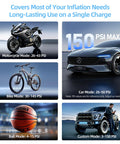 Cordless Car Tire Pump With 150 PSI, Dual Power 12V DC And 5400mAh Battery, shown inflating motorcycle, car, bike, and basketball.