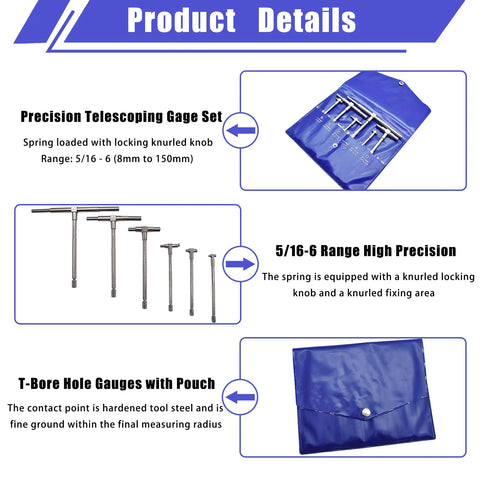 Waltyotur 6-pc precision telescoping gauge set with blue pouch; steel rods, knurled locking knob, 5/16-6 in range