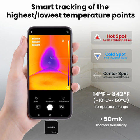 Thermal Camera 128x96 IR Imager For Leak Detection On USB C Android Phones Plug In OTG Ready No Battery Or Drivers Needed Ideal For Electricians HVAC Pros DIYers And Homeowners Seeking Quick Heat Signatures, phone screen with hot and cold spot detection