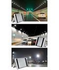 High Power Led Outdoor Floodlight Built Like A Tank Aluminum Housing Weather Shield IP66 Rated wide angle beam illuminating a tunnel.