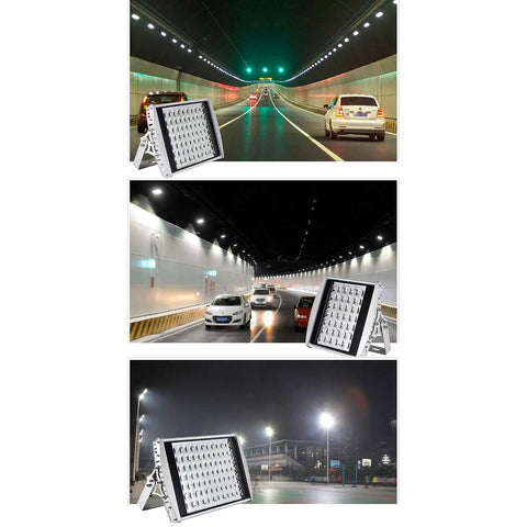 High Power Led Outdoor Floodlight Built Like A Tank Aluminum Housing Weather Shield IP66 Rated wide angle beam illuminating a tunnel.