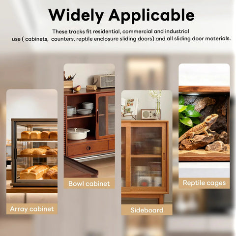 Two Pack Aluminum Sliding Door Track System For One Eighth Inch Panels Ideal For Closet Glass Doors Pet Cabinets And Windows shown in use with cabinets and reptile cages.