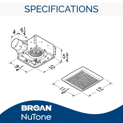 Specifications diagram for InVent Series Ceiling Mount Bathroom Exhaust Fan 80 CFM 0.8 Sones ENERGY STAR Certified