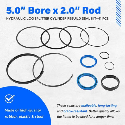 Hydraulic Log Splitter Cylinder Rebuild Seal Kit For 5.0 Inch Bore And 2.0 Inch Rod, Complete O Ring And Seal Set, 11 Pcs
