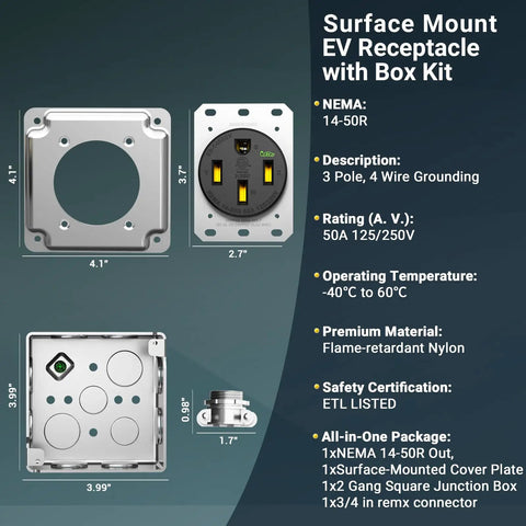 Nema 14-50 EV Outlet Kit For Surface Mount Box 50 Amp EV Charging Receptacle Heavy Duty Industrial Grade 3 Pole 4 Wire Grounding 50A 125 250V ETL Listed Black with box and cover