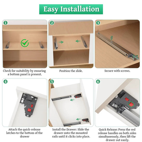 Installation guide for Top Shelf Undermount Drawer Slides 20 Inch Full Extension showing step-by-step process with tools.