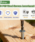 Stainless Steel Wood Screws Set 1200 Pcs Self Tapping Assortment Kit M3 M4 M5 M6 with drill showing screw in wood