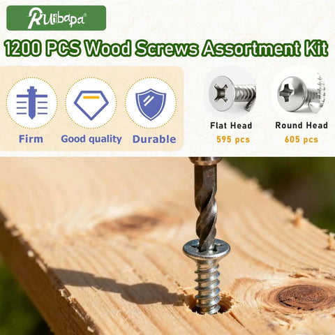 Stainless Steel Wood Screws Set 1200 Pcs Self Tapping Assortment Kit M3 M4 M5 M6 with drill showing screw in wood