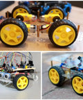 Dual TT Motors With 1 to 48 Gearbox For 200 RPM 3V to 6V DC Hobby Gear Motors, Includes Wheel Kit And L298N Motor Driver Board For Arduino DIY Smart Car Robot Builds showing yellow wheels