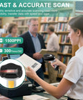 Woman using Handheld Barcode Scanner With USB Wired Connection, 1D 2D and PDF417 Data Matrix Reader at a POS counter in a library.