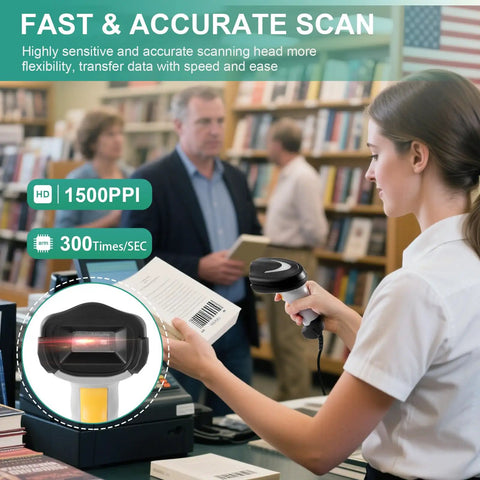 Woman using Handheld Barcode Scanner With USB Wired Connection, 1D 2D and PDF417 Data Matrix Reader at a POS counter in a library.