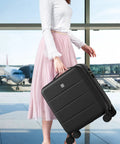 Woman holding 16 Inch Underseat Carry On Luggage With Wheels Hard Shell Mini Suitcase For Airline Travel TSA Approved Lightweight Black