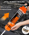 No Sweat 500 Cc Manual Fluid Extractor Pump With Long Hose For Dead Simple Oil Removal, dual rubber seals, clear reservoir.