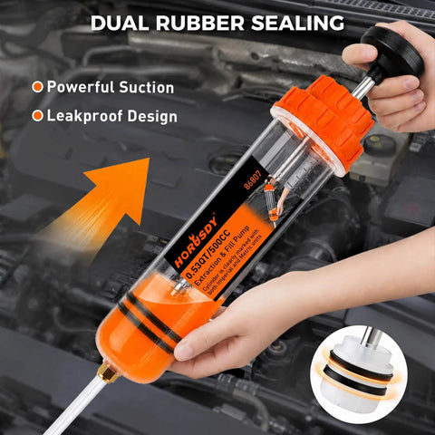 No Sweat 500 Cc Manual Fluid Extractor Pump With Long Hose For Dead Simple Oil Removal, dual rubber seals, clear reservoir.