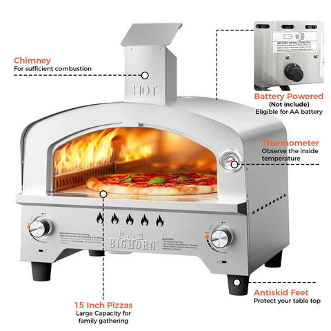 Portable Gas Pizza Oven With 15 Inch Stone, Stainless Steel Backyard Tailgate Ready Pizza Maker, Dual Side Burners 23K BTU