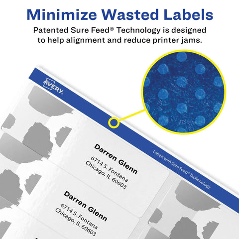 Top Notch Easy Peel Address Labels With Sure Feed Tech For Laser Printers 1.33 By 4 Inches White showing patented alignment technology.