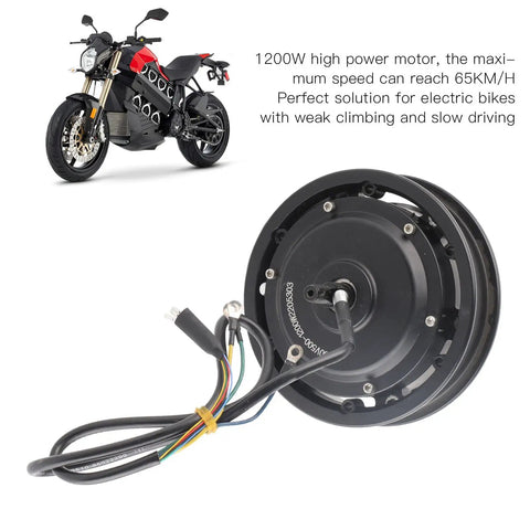 10 Inch Brushless Disc Brake Hub Motor 1200W 1250RPM IP54 Rated shown with compatible electric motorcycle