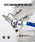 User holding 8 Inch Snap Ring Pliers Kit With Interchangeable Tips For Internal And External Rings, Fast Flip Switch, showing tip change.
